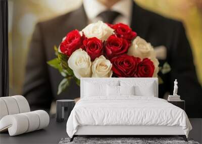 A man in formal attire holding a bouquet of red and white roses, presenting them forward with a warm expression. Wall mural