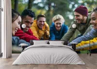 An outdoor team-building activity with a group of colleagues working together to solve a challenge Wall mural