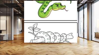 Coloring book cute snake. Coloring page and colorful clipart character. Vector cartoon illustration. Wall mural