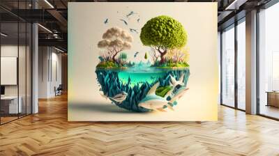 The concept of ecology and water conservation in honor of World Water Day. The importance of preserving natural resources for future generations. Paper art design. Wall mural