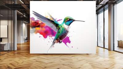 A watercolor painting of a hummingbird in flight. The hummingbird is green and blue with a long, thin beak. It is flying towards a splash of colorful paint. Wall mural