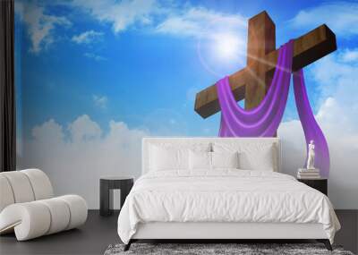 A cross with purple sash on clouds background Wall mural