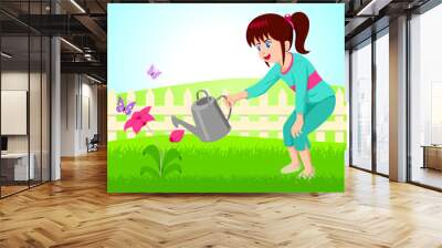 Cartoon illustration of little girl watering the flower Wall mural