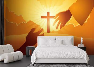 God hand reaching out for human hand with cross on hill as the background Wall mural