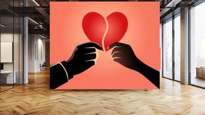 Man and woman hand holding each part of heart symbol Wall mural