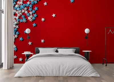 red christmas background with white and blue stars Wall mural