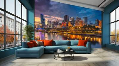 City of Melbourne. Cityscape image of Melbourne, Australia during dramatic sunset. Wall mural