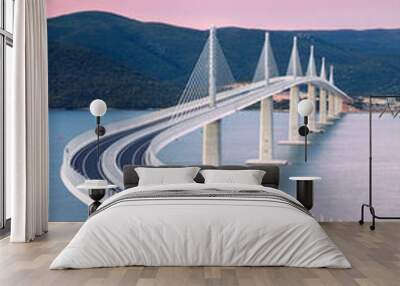 Peljesac Bridge, Croatia. Image of beautiful modern multi-span cable-stayed Peljesac Bridge over the sea in Dubrovnik-Neretva County, Croatia at sunrise. Wall mural