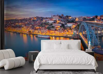 Porto, Portugal. Panoramic cityscape image of Porto, Portugal with the famous Luis I Bridge and the Douro River during dramatic sunset. Wall mural