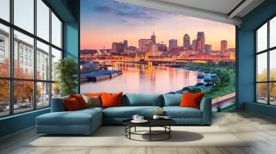 Saint Paul, Minnesota, USA. Aerial cityscape image of downtown St. Paul, Minnesota, USA with reflection of the skyline in Mississippi River at beautiful summer sunset. Wall mural