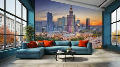 Warsaw. Image of Warsaw, Poland during twilight blue hour. Wall mural