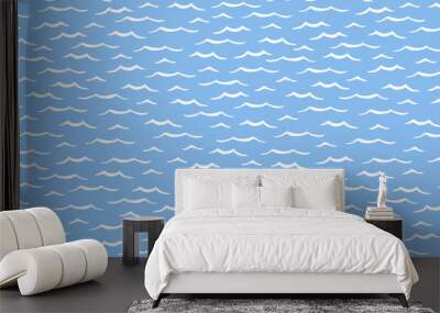 Ocean waves seamless repeat pattern white on blue background for fabric surface design Wall mural