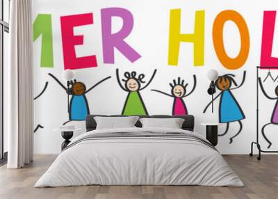 Simple stick figures banner, happy multicultural kids jumping, colorful letters SUMMER HOLIDAYS isolated on white background Wall mural