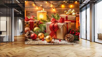 Beautifully wrapped Christmas presents with festive decorations, pine cones, and glowing candles creating a cozy holiday ambiance. Wall mural