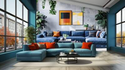 Blue Velvet L-Shaped Sofa in Industrial Living Room with Decorative Plants and Colorful Artwork Wall mural