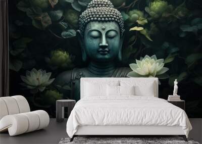 Buddha statue with lotus flower and green leaves background.Generative Ai Wall mural