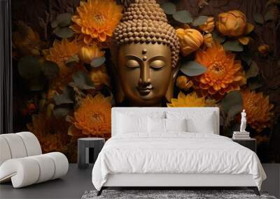 Buddha statue with yellow flowers on black background.Generative Ai Wall mural