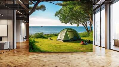 Camping tent and camping equipment on green grass with sea view background Wall mural