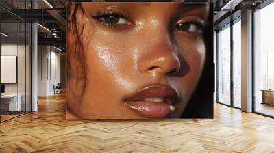 Captivating Close up Portrait of a Radiant and Dewy Skinned Female Model with Flawless Makeup and Wall mural