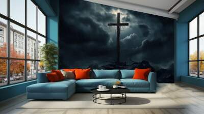 Cross in the dark with stormy sky Wall mural