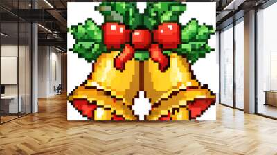 Festive pixel art graphic of Christmas bells with holly leaves and red ribbon, perfect for holiday-themed designs and digital artwork. Wall mural