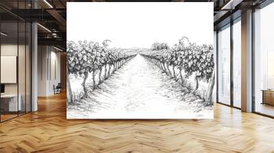 Hand drawn Aesthetic Monochrome Vineyard Landscape with Serene Perspective Wall mural