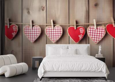 Hearts hanging on rope over wooden background. Valentines day background Wall mural