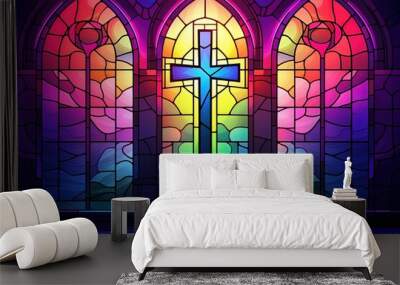 Illustration in stained glass style with cross on the background of the stained glass window Wall mural