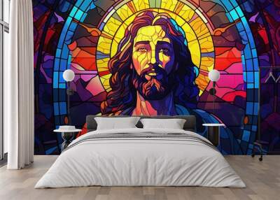 Jesus Christ Colorful in stained glass window background Wall mural