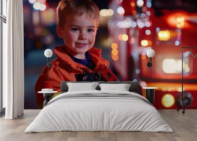 Joyful Young Boy Exploring the Vibrant Nighttime City in Festive Attire Wall mural