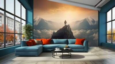 Man standing on top of the mountain and looking at the valley,The man thank God on the mountain.Generative Ai Wall mural