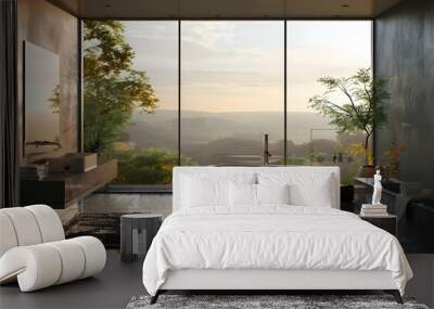 Modern Bathroom with Valley View and Freestanding Tub in Serene Contemporary Design Wall mural