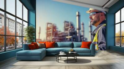 portrait of a male engineer in front of a refinery plant Wall mural