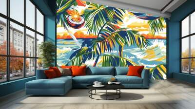 Serene Tropical Beach Getaway with Swaying Palm Trees Hammocks and Coconut Cocktails in Vibrant Cubist Inspired Wall mural