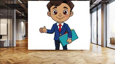 Smiling cartoon businessman in a suit waving and holding a folder, friendly and professional illustration, perfect for corporate designs. Wall mural