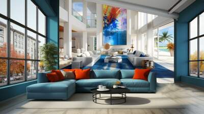 Sunlit Living Area Featuring Cobalt Blue Accents and Energetic Abstract Art Wall mural