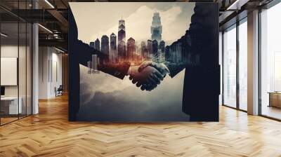 The double exposure handshake businees and city.Generative AI Wall mural