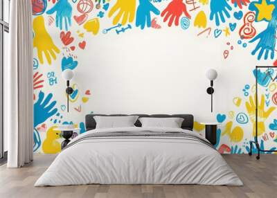 Vibrant Children s Day Doodle Background with Playful Handprints Rubber Ducks and Candy Swirls in Whimsical Style Leaving Ample Blank Space for Wall mural