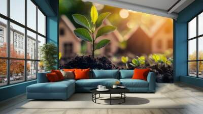 Vibrant Green Sapling Sprouting in Garden with Blurred House Background Wall mural