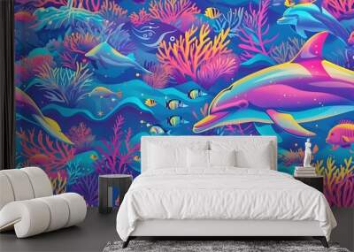 Vibrant Underwater Coral Reef Teeming with Graceful Dolphins and Technicolor Marine Life Wall mural