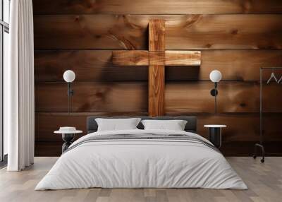 Wooden christian cross on a wooden background.Christian religion concept. Wall mural