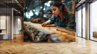 Young Female Carpenter Working in workshop Wall mural