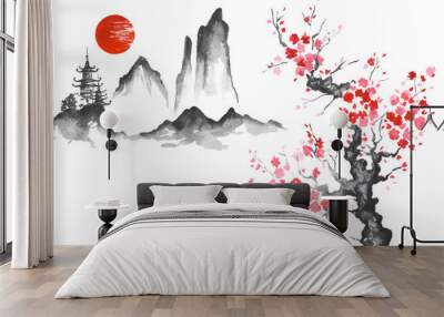 Japan Traditional japanese painting Sumi-e art Sakura Wall mural