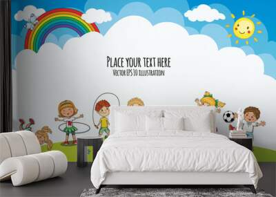 Vector playground with jumping boys and girls. Template for advertising kids brochure. Kindergarten, school children summer, spring vacation. Wall mural