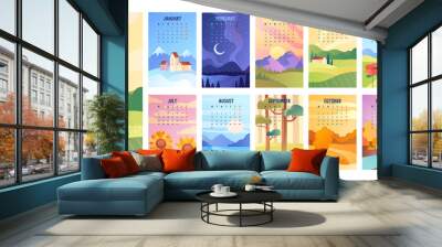 2020 Calendar with bunch of minimalist style landscapes of four seasons. Set of vector illustrations Wall mural