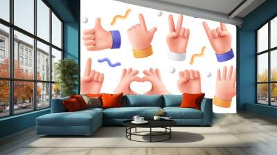 3d hand gestures icon set. Funny arm expressing different emotions. Thumbs up, palm, peace sign and heart. Design Elements for Social Media. Realistic vector illustration isolated on background Wall mural