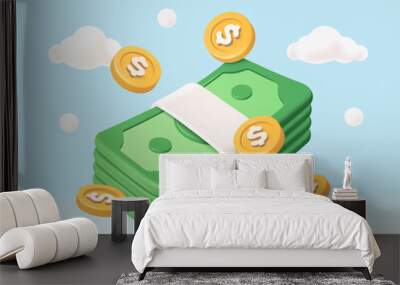 3D Money icon. Rendering with green dollar bills and gold coins. Managing finances, budget, income and expenses. Wealth and Profit. Realistic vector illustration in plasticine style Wall mural