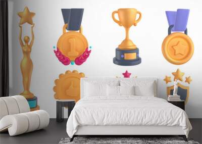 3d plasticine realism golden award icon set. Nomination rewards prizes. Winners Cups Statuette Medals. Volumetric social media and apps stickers. 3d vector collection isolated on white background Wall mural