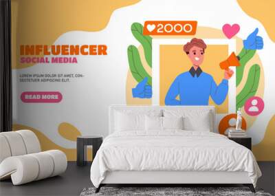 A cartoon illustration of a social media influencer with likes and followers icons, abstract shapes on a soft background, concept of online presence. Vector illustration Wall mural