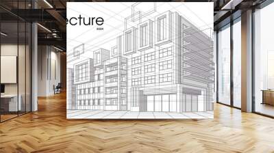 Abstract architecture. Banner with model of urban building with perspective lines. Landing page with modern construction drawing. Outline isometric vector illustration isolated on white background Wall mural